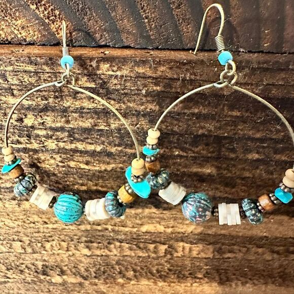 Handmade Western Hippie Copper Wire Turquoise Wooden Beads Drop Earrings, Gift - Picture 3 of 8